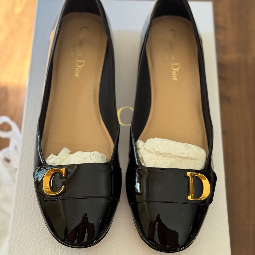Dior Black Patent Leather Flats with Gold Accents